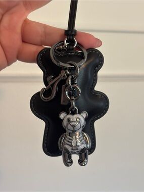 Coach Black Leather Teddy Bear Keychain with Metallic Silver Charm